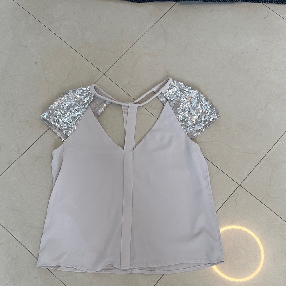 BCBGMaxAzria Blouse with Silver Sequin Sleeves